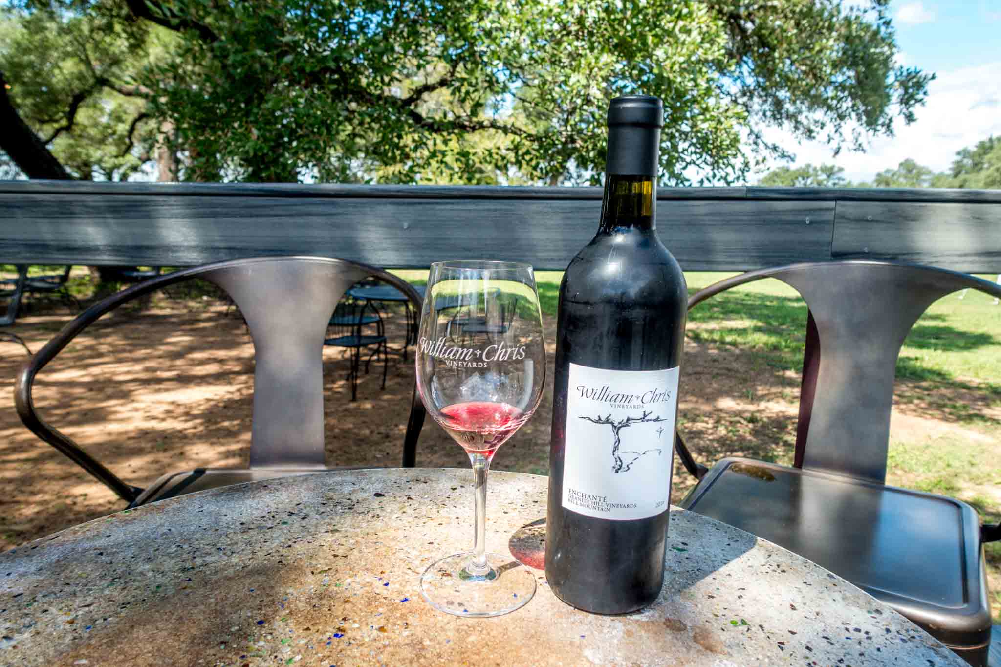 Red wine bottle and glass on table 