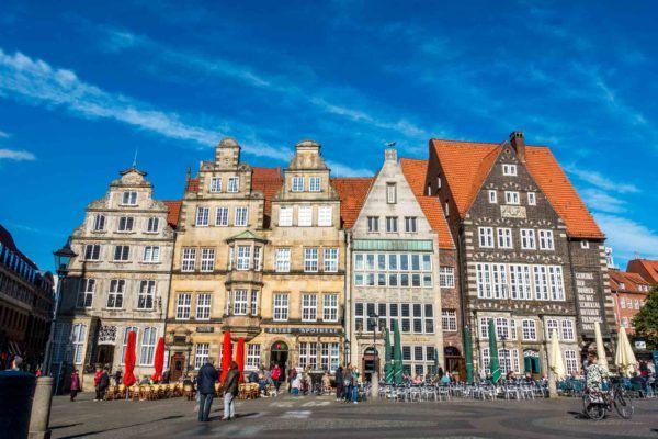 Historic merchant houses in a city square