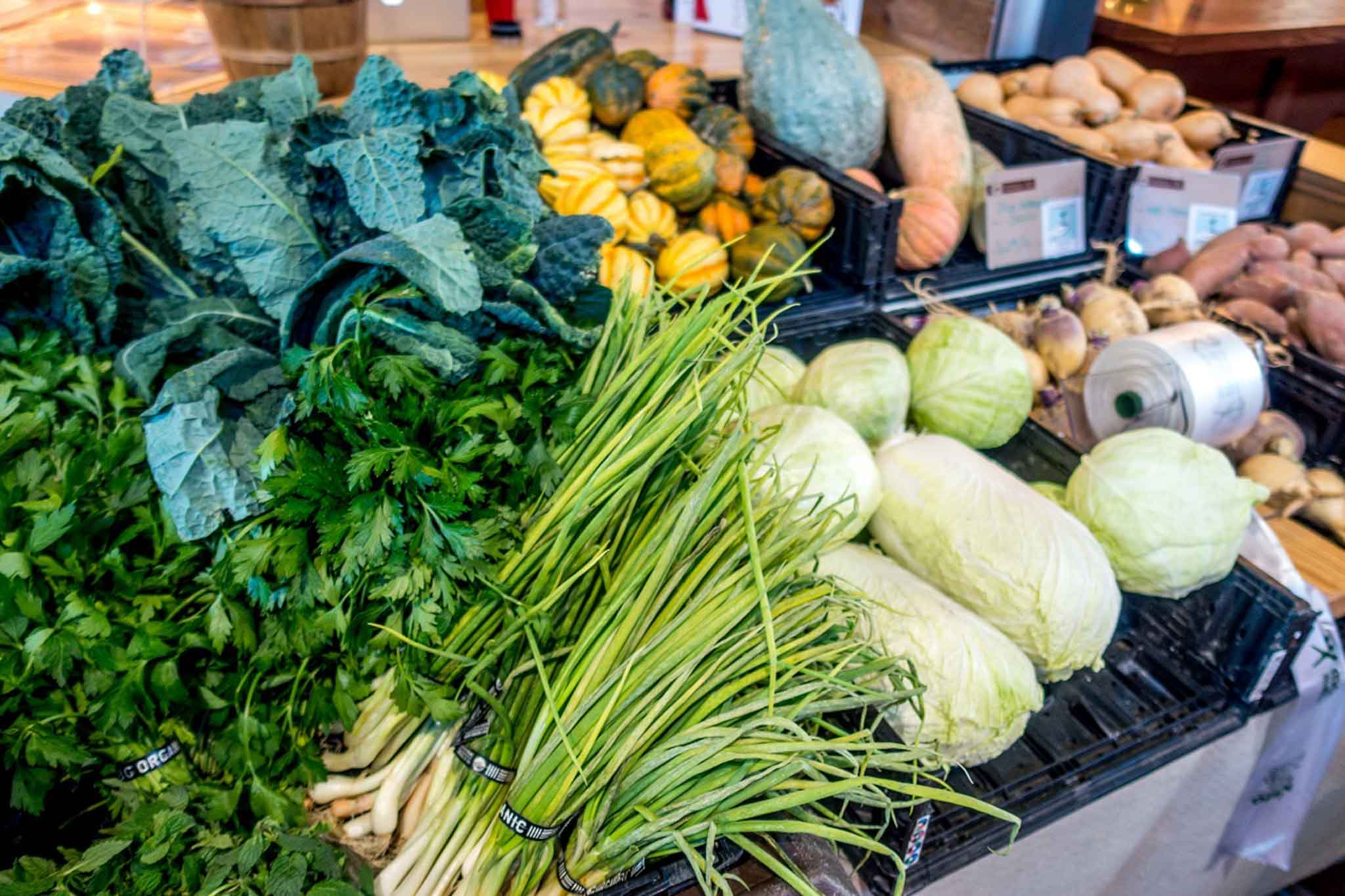 Fall produce on the table at a farmers market