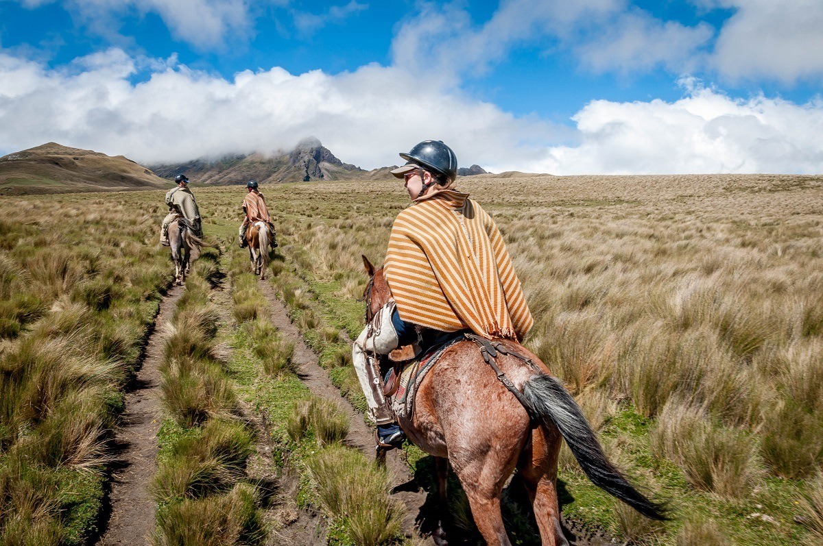 Three people riding horses