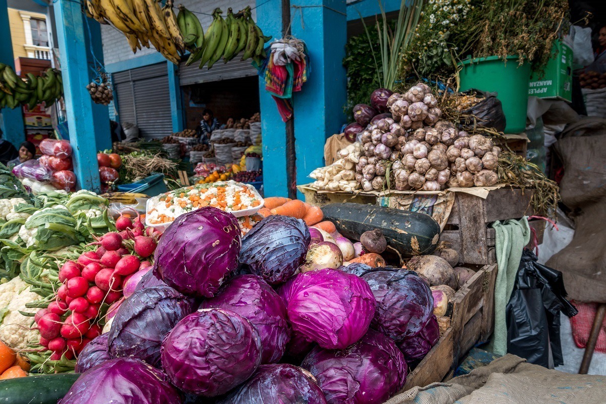 Piles of cabbage and radishes at an outdoor market