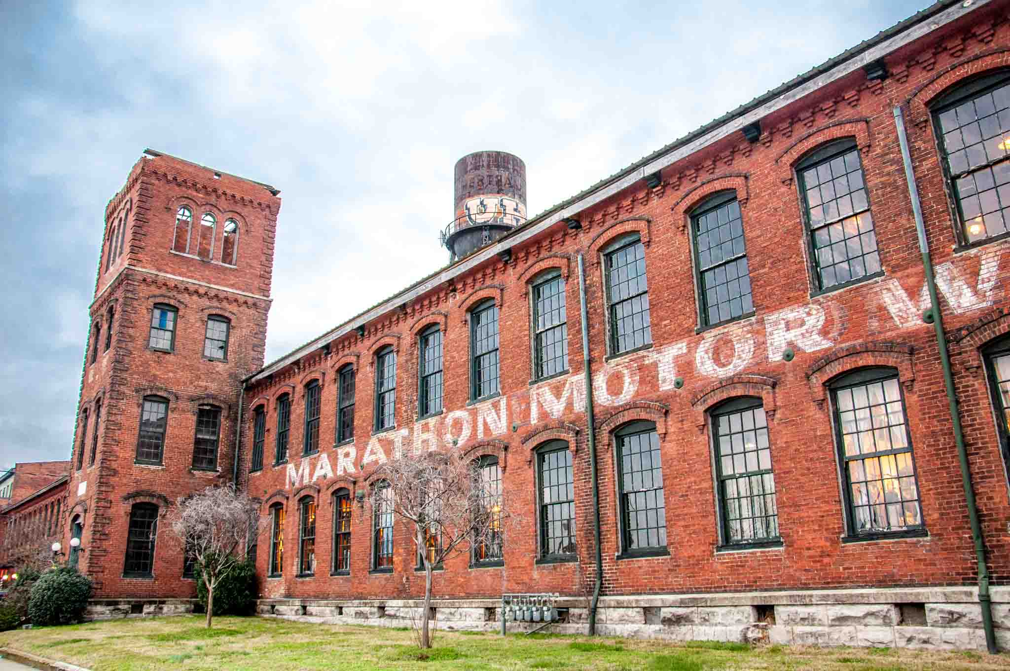 Red brick exterior of Marathon Village.