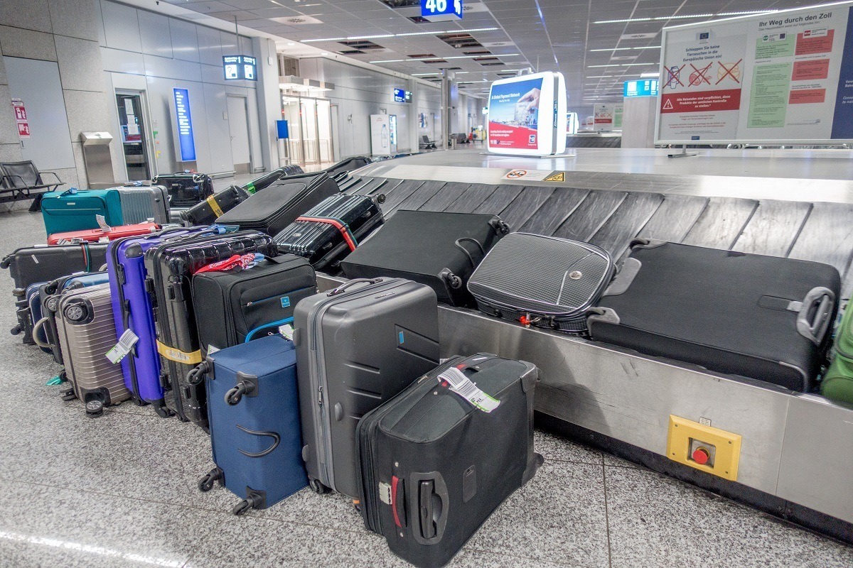 Lost baggage waiting for owners at baggage claim