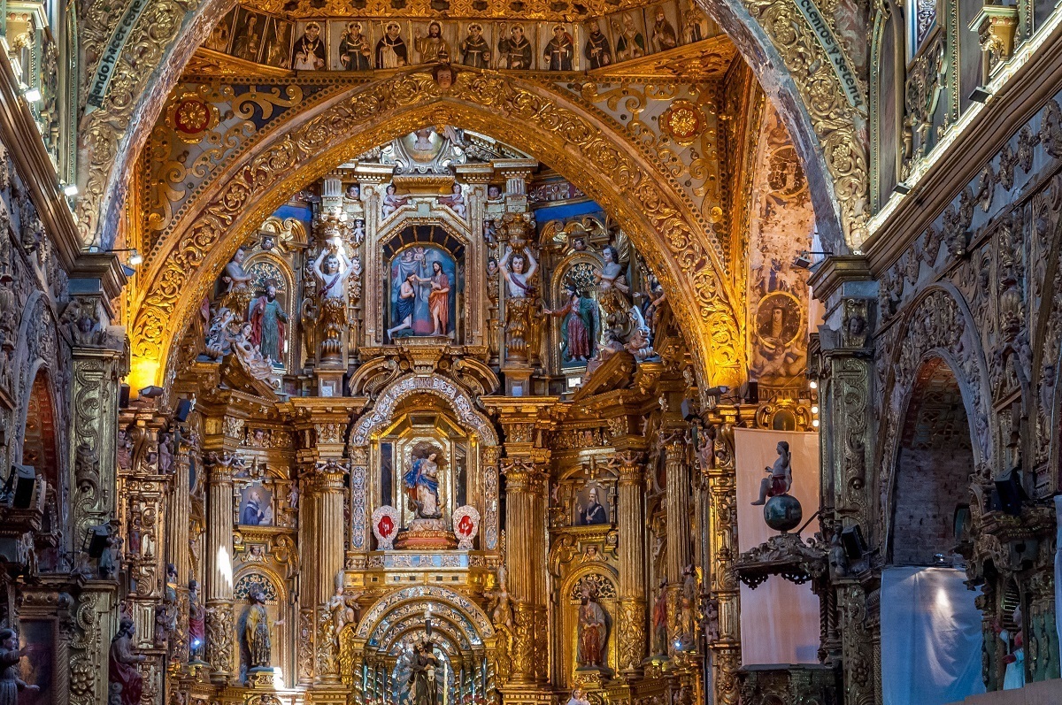 The interior of the Chiruch of San Francisco in Quito, Ecuador