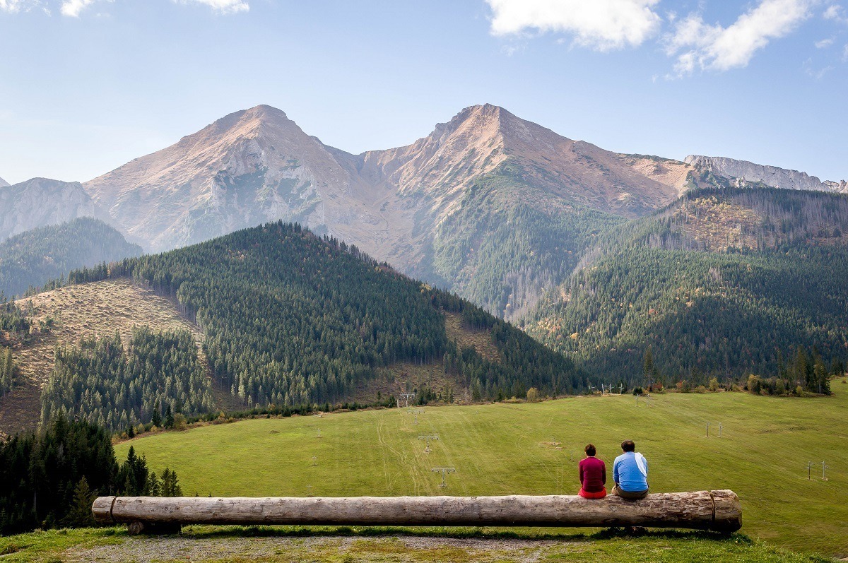 People sitting on a log and looking at the mountains