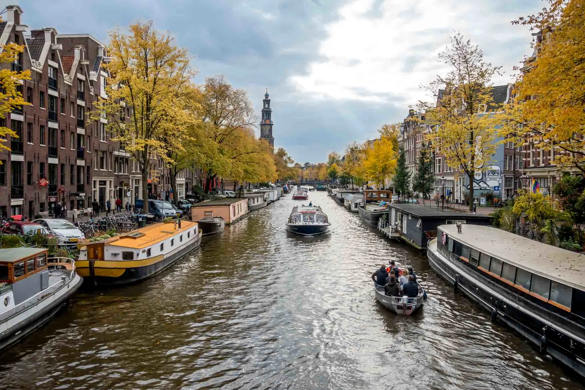 Boats in a canal in Amsterdam Netherlands