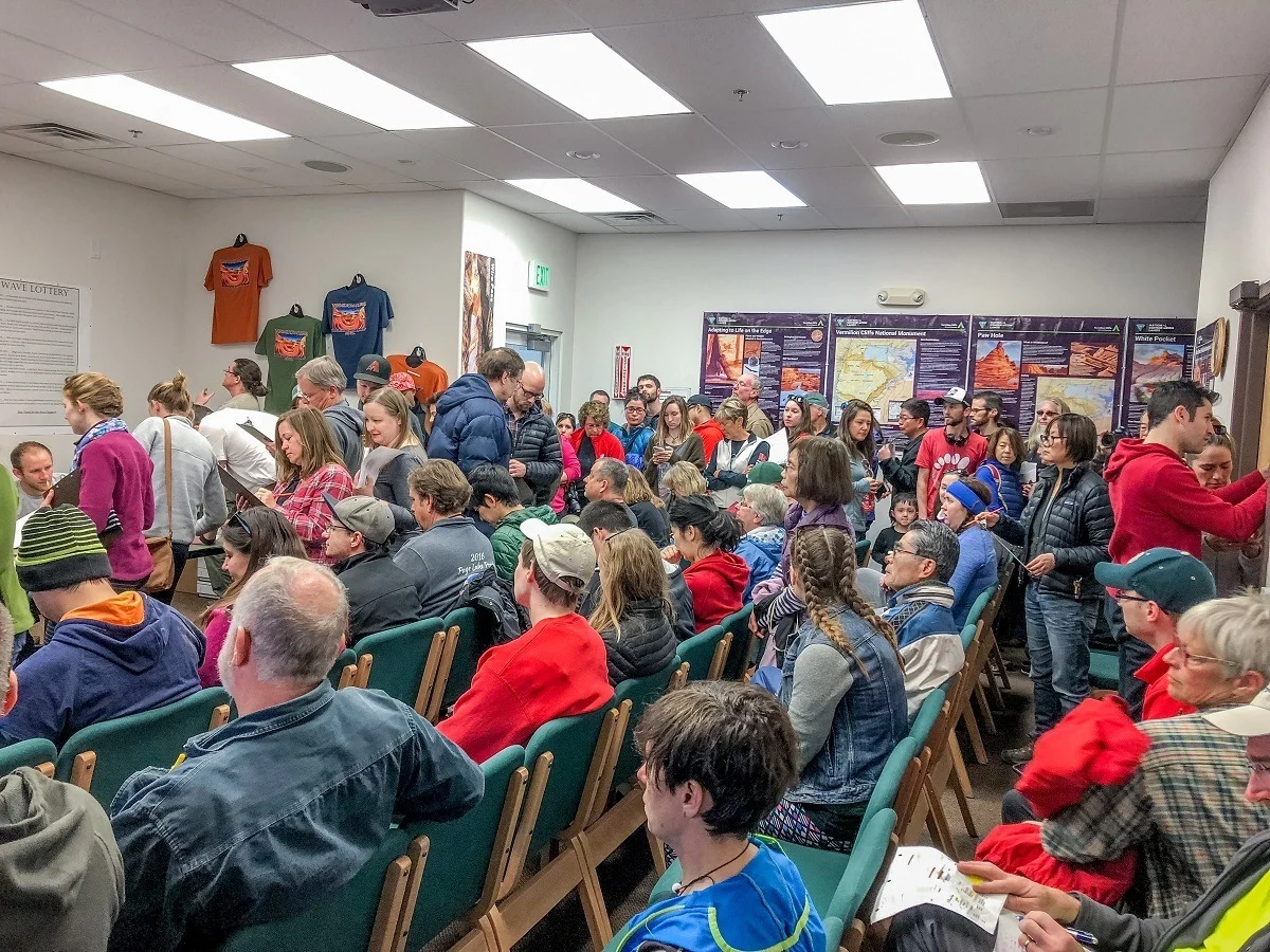 Hundreds of people trying for The Wave Lottery at the office in Kanab