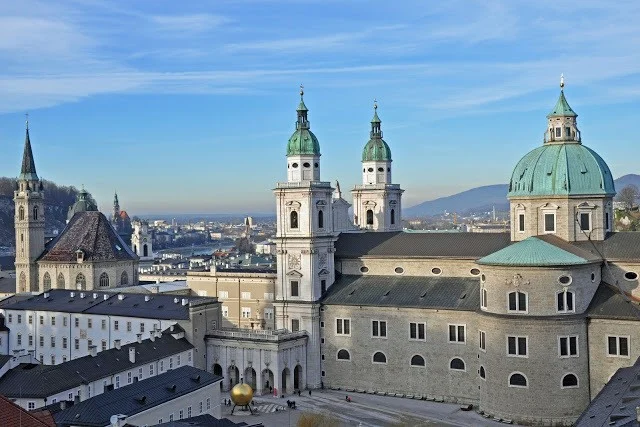 View of the Dom, the Salzburg Cathedral, from the hills above the city