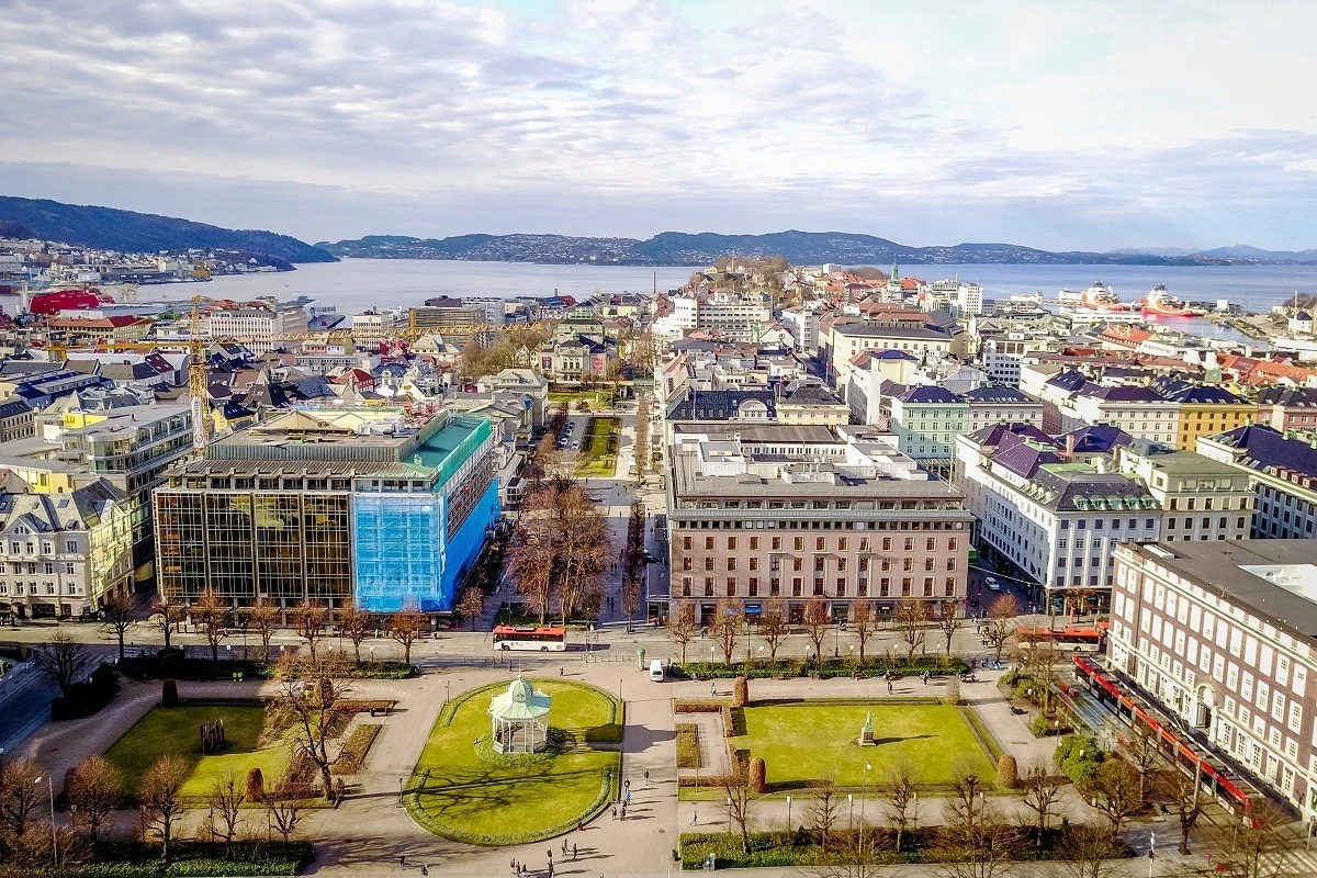 Overhead view of buildings and a city square