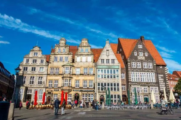 Historic merchant houses in a city square