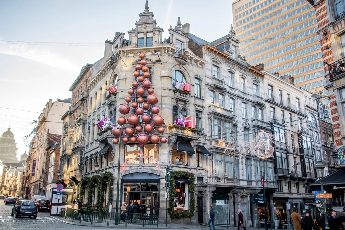 City building decorated for Christmas