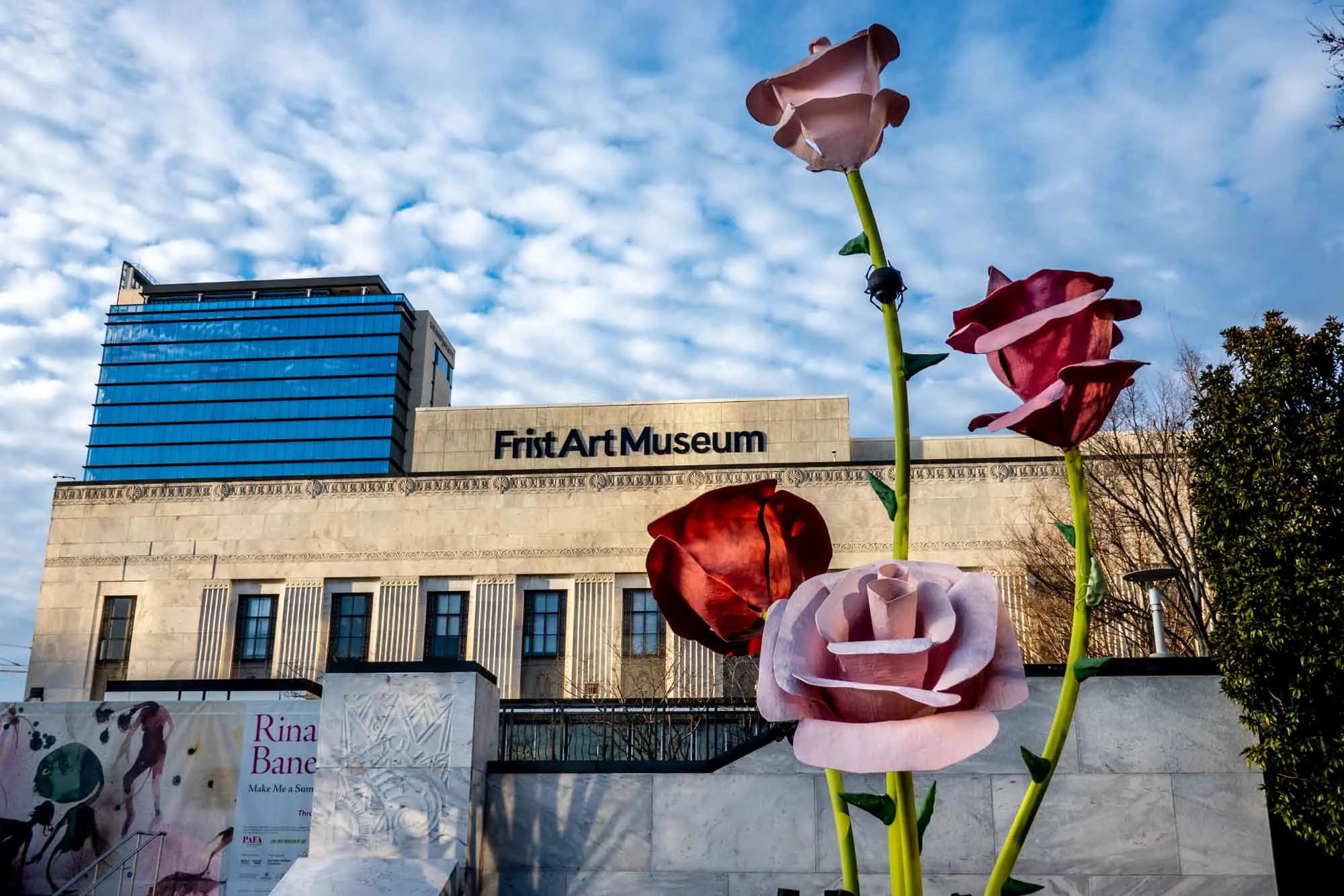 Sculpture of four roses outside the entrance of the Frist Art Museum