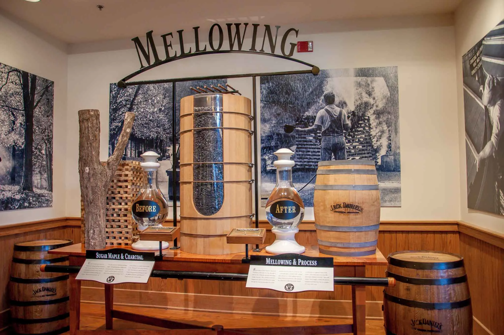 Display of grain and Tennessee whiskey filtering process.