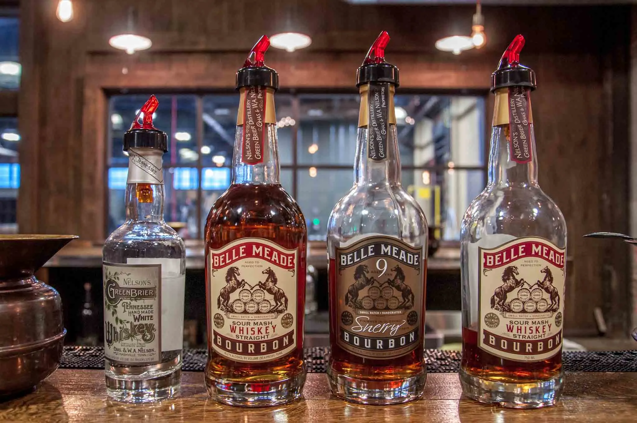 Bottles of spirits on the bar at Nelson's Green Brier Distillery.