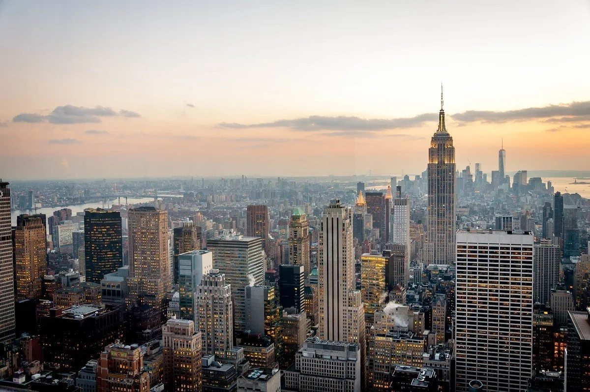 New York City and southern Manhattan as viewed from the Top of the Rock at sunset.