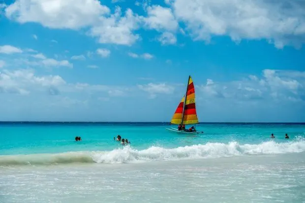 Windsurfer and swimmers in the ocean