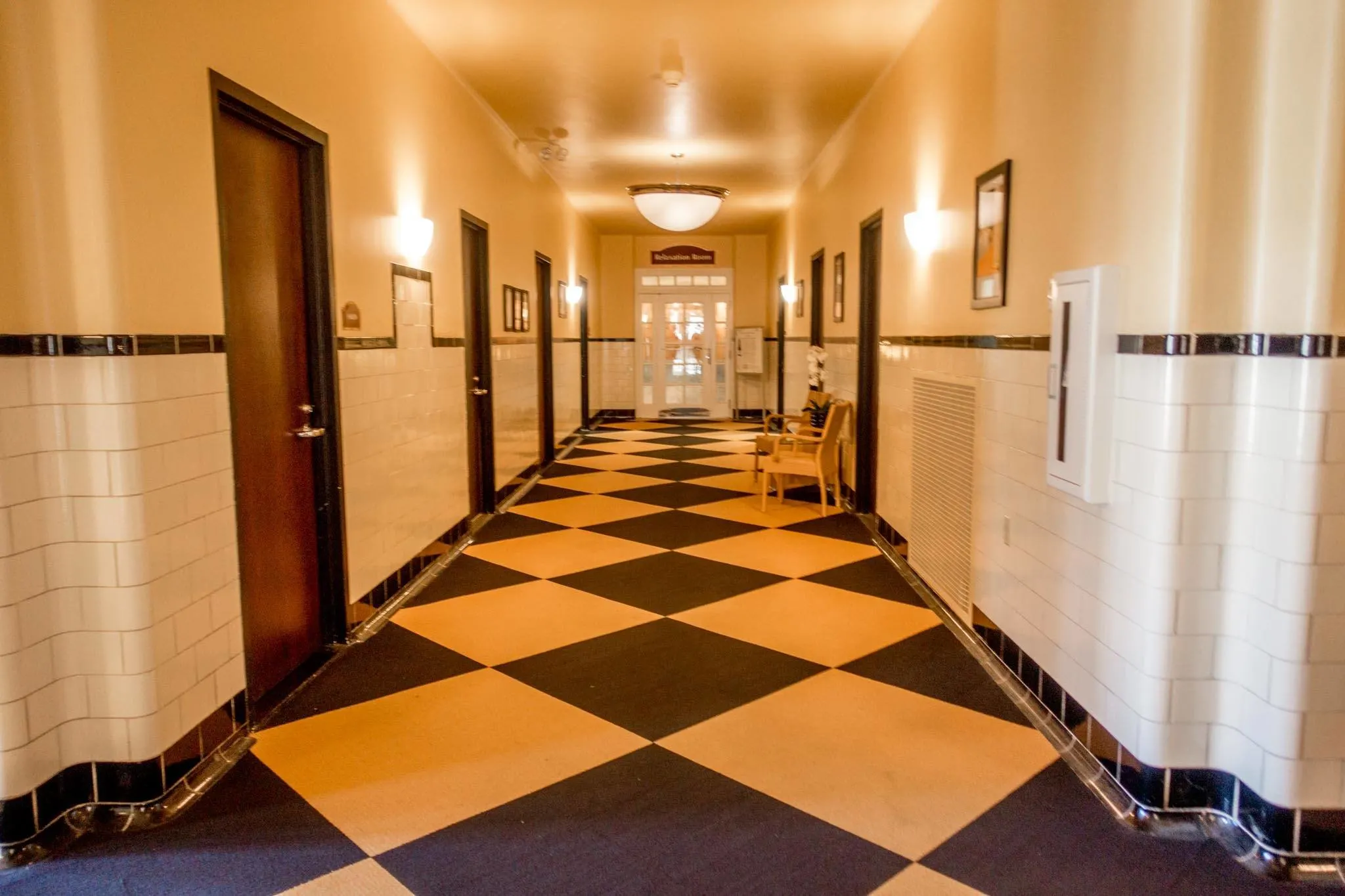 Black and white tiled hallway
