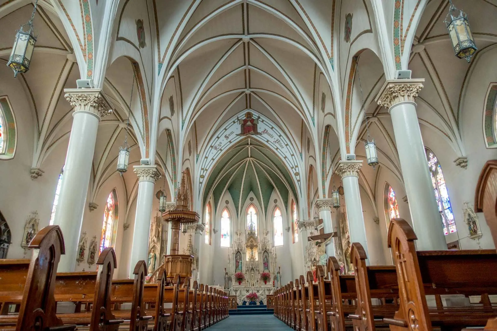 Sanctuary of a church painted in bright colors.